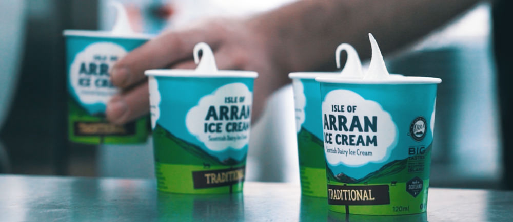 Tubs of traditional Arran Ice Cream being filled 
