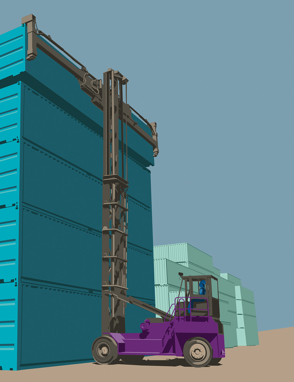 Illustration of a forklift truck next to a building